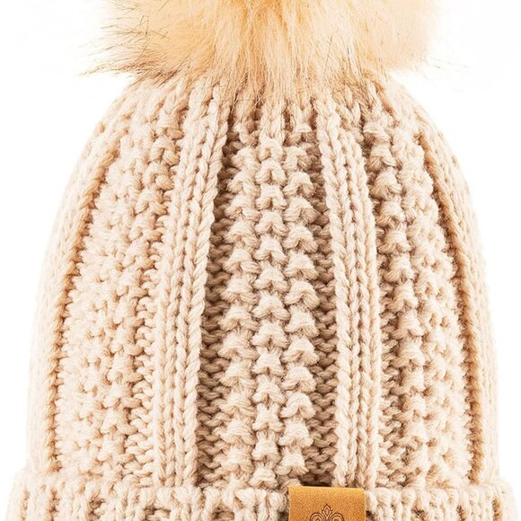 Accessories - Womens Winter Thick Cable Knit Beanie Faux Fur Pom Hat Fleece Lined Skull Cap